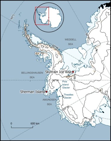 Mapa mostra a localização do Skytrain Ice Rise, parte da plataforma de gelo Ronne, na Antártica, de onde o núcleo de gelo foi retirado / University of Cambridge/British Antarctic Survey