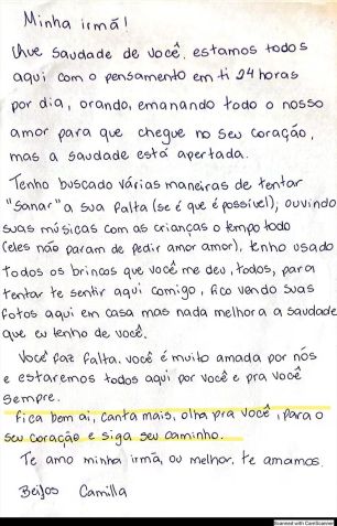 Carta da família para Wanessa Camargo no BBB24 / Globo