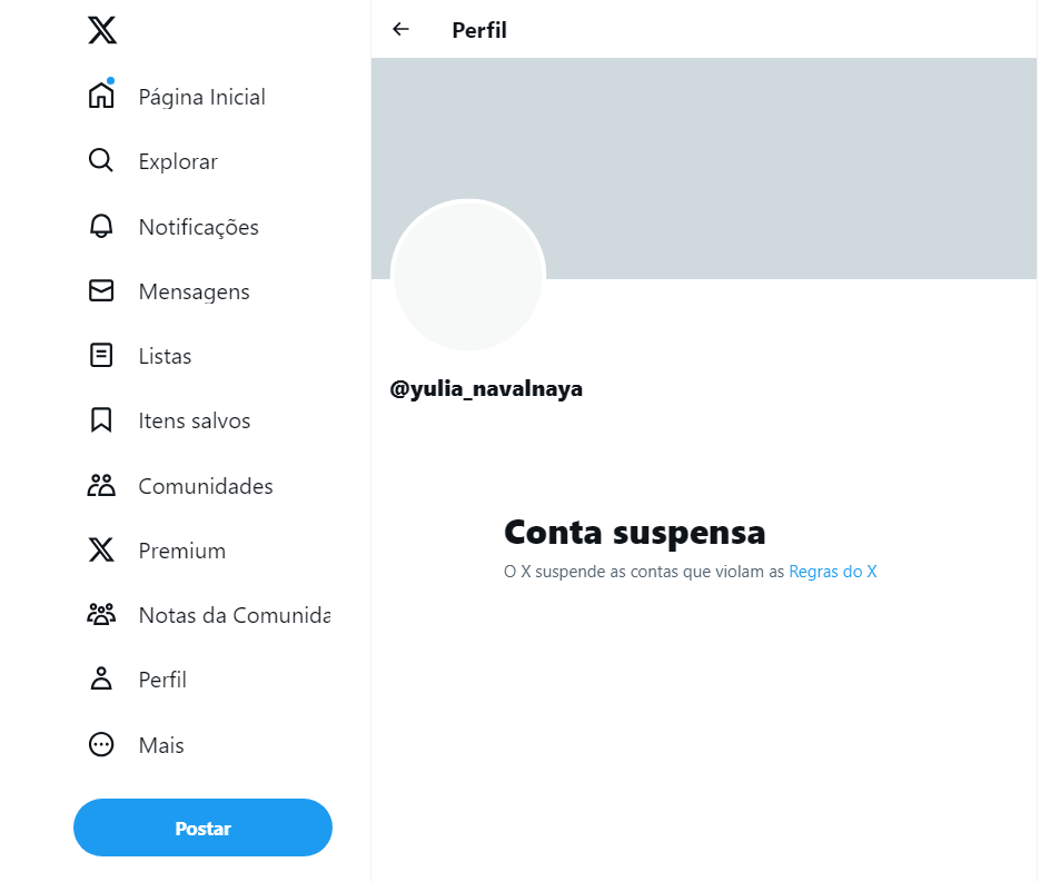 Conta de Yulia Navalnaya, viúva de Alexei Navalny, aparece suspensa no X (antigo Twitter). / Reprodução