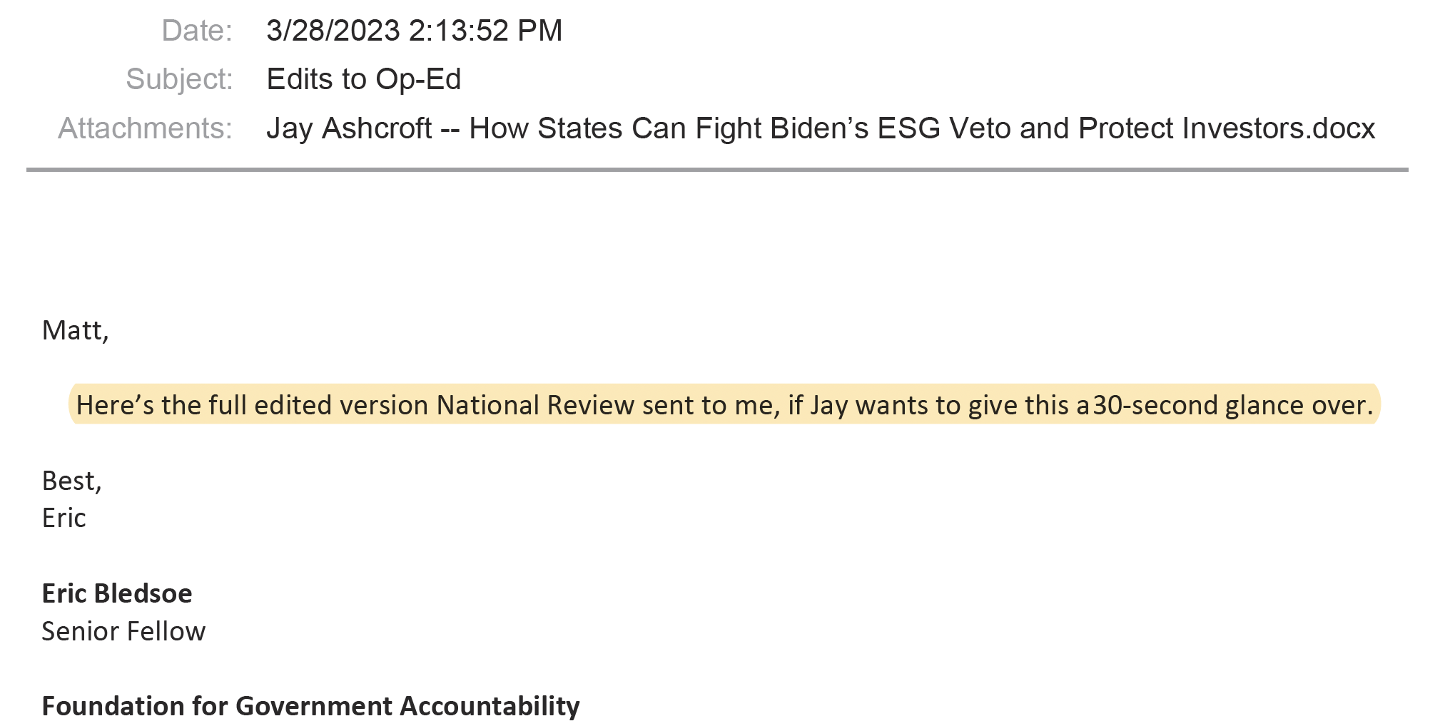 Troca de e-mails para o gabinete de Ashcroft e FGA sobre artigo de opinião sobre ESG / Reprodução/CNN