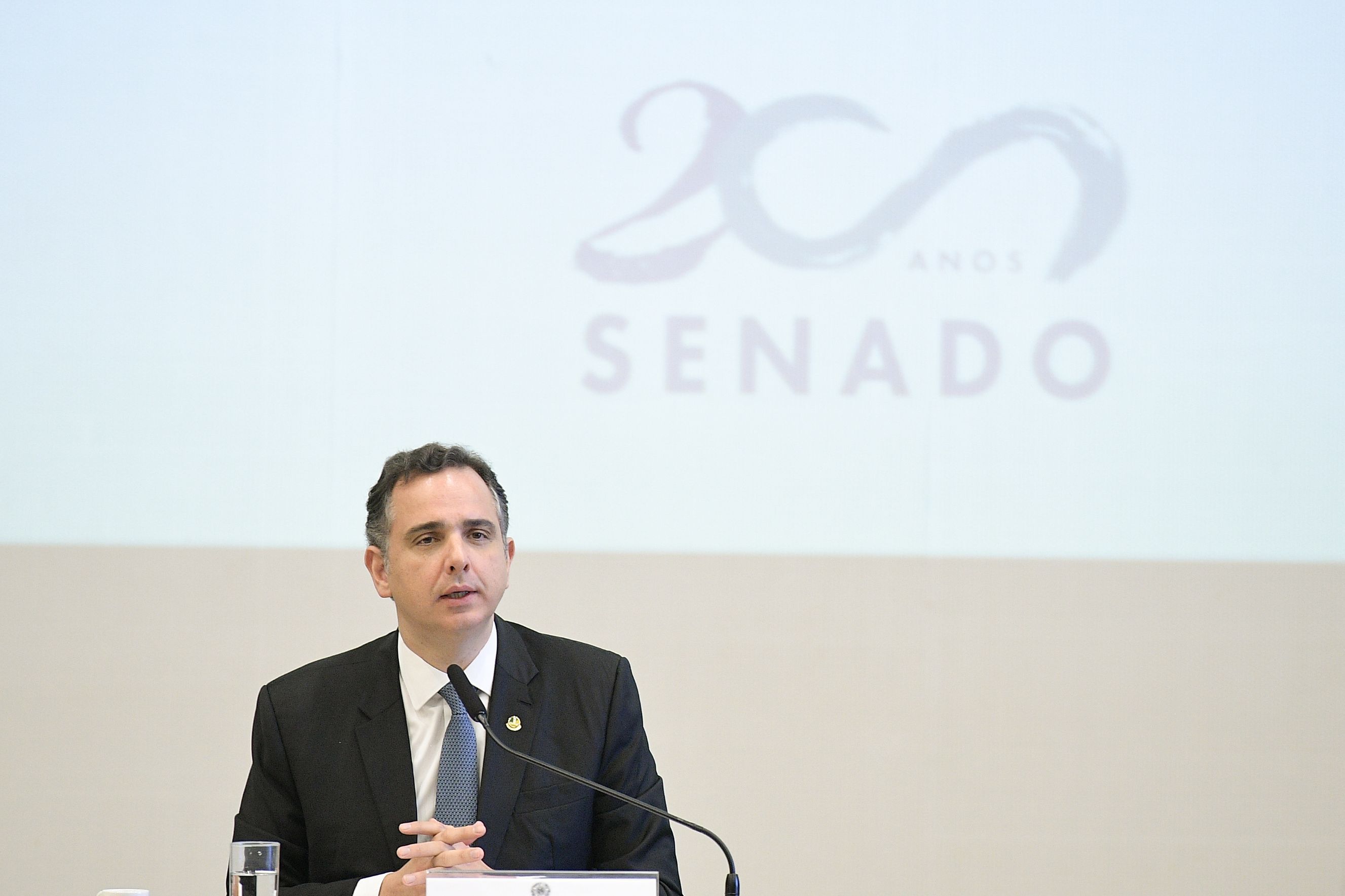 O presidente do Senado, Rodrigo Pacheco (PSD-MG), durante cerimônia em homenagem aos 200 anos da Casa