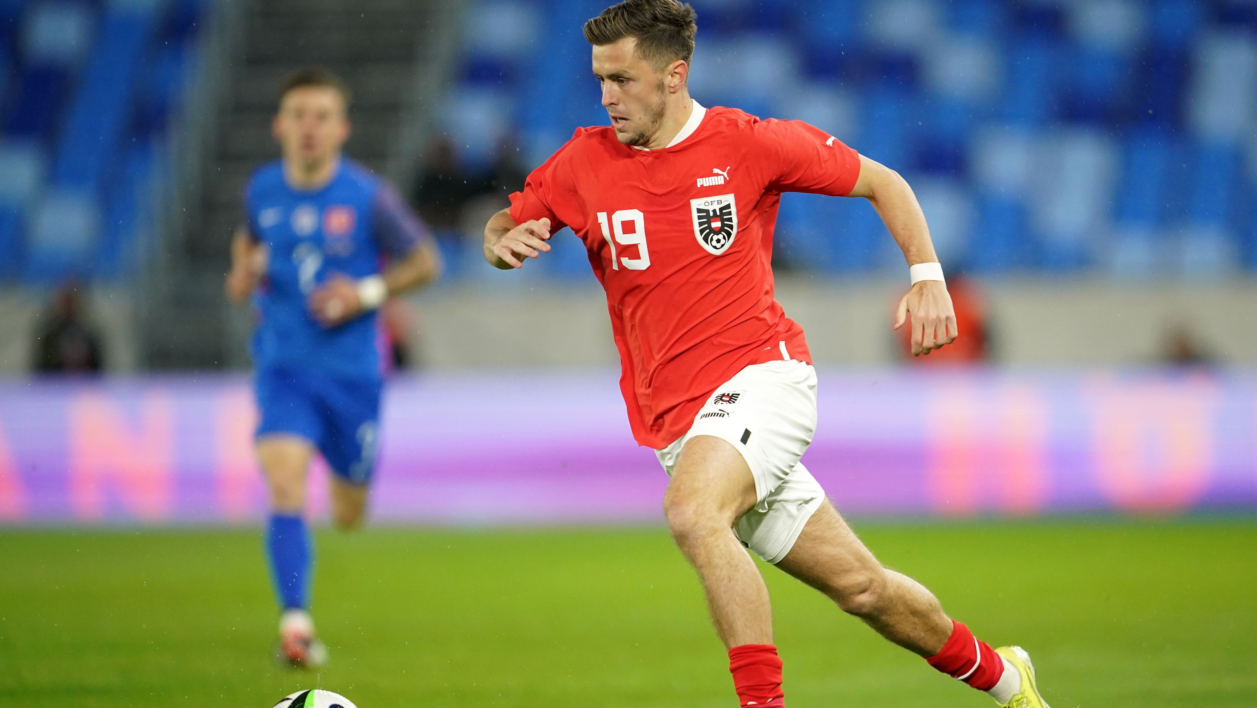 Christoph Baumgartner na partida em que marcou o gol mais rápido de um jogo entre seleções: Eslováquia 0 x 2 Áustria