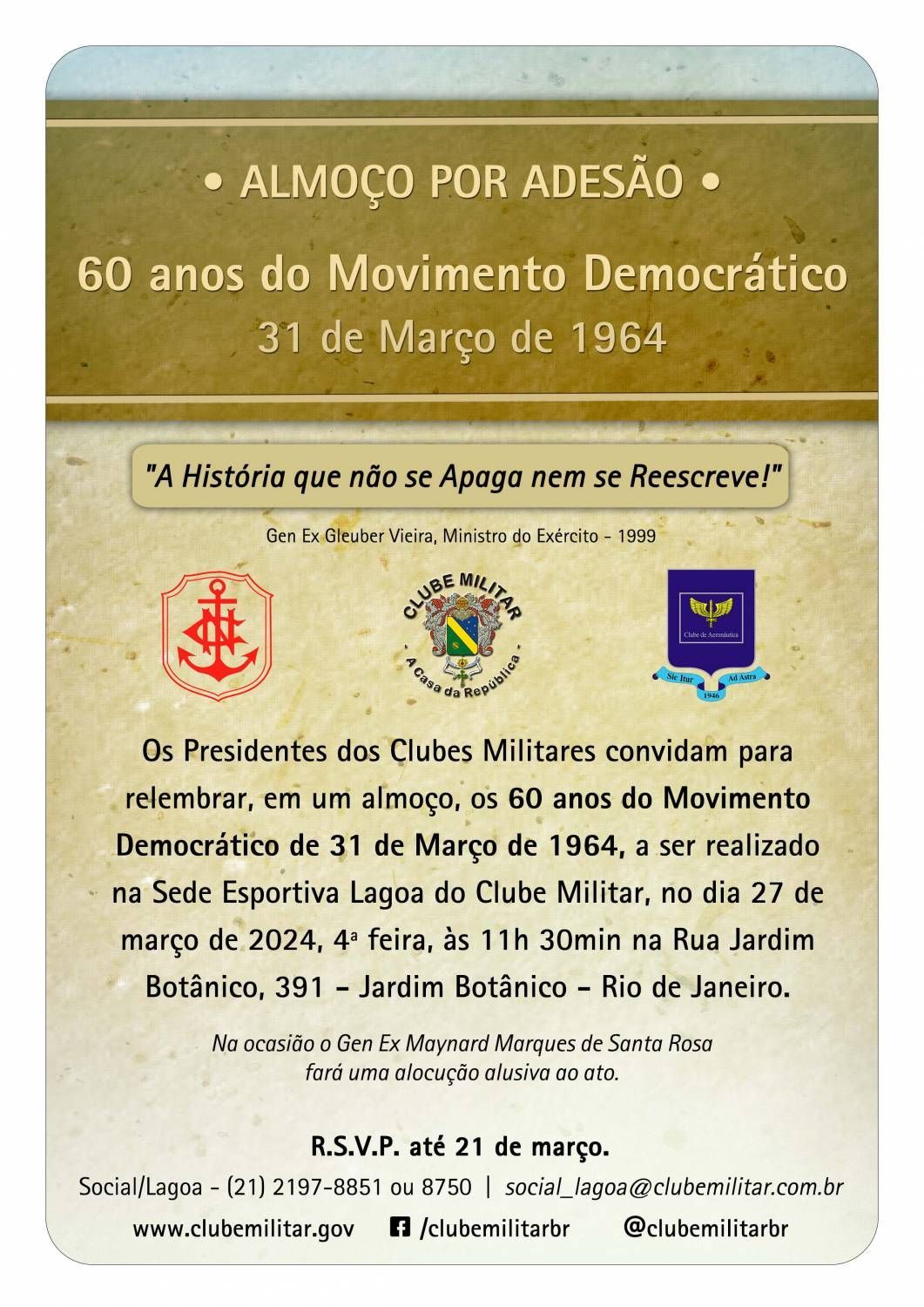 Convite para a confraternização no dia 31 de março / Reprodução/Clube Militar
