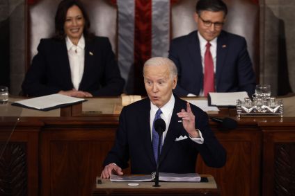 O presidente americano Joe Biden faz discurso do "Estado da União" ao Congresso americano, em 7 de março de 2024.