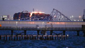 Vista da ponte Francis Scott Key, que desabou após a colisão de um navio de carga, em Baltimore, Maryland, Estados Unidos, em 26 de março de 2024.