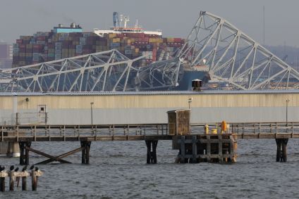 Vista da ponte Francis Scott Key, que desabou após a colisão de um navio de carga, em Baltimore, Maryland, Estados Unidos, em 26 de março de 2024.