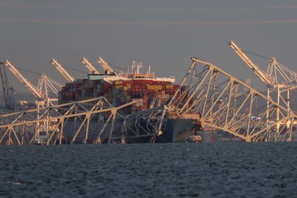 Vista da ponte Francis Scott Key, que desabou após a colisão de um navio de carga, em Baltimore, Maryland, Estados Unidos, em 26 de março de 2024.