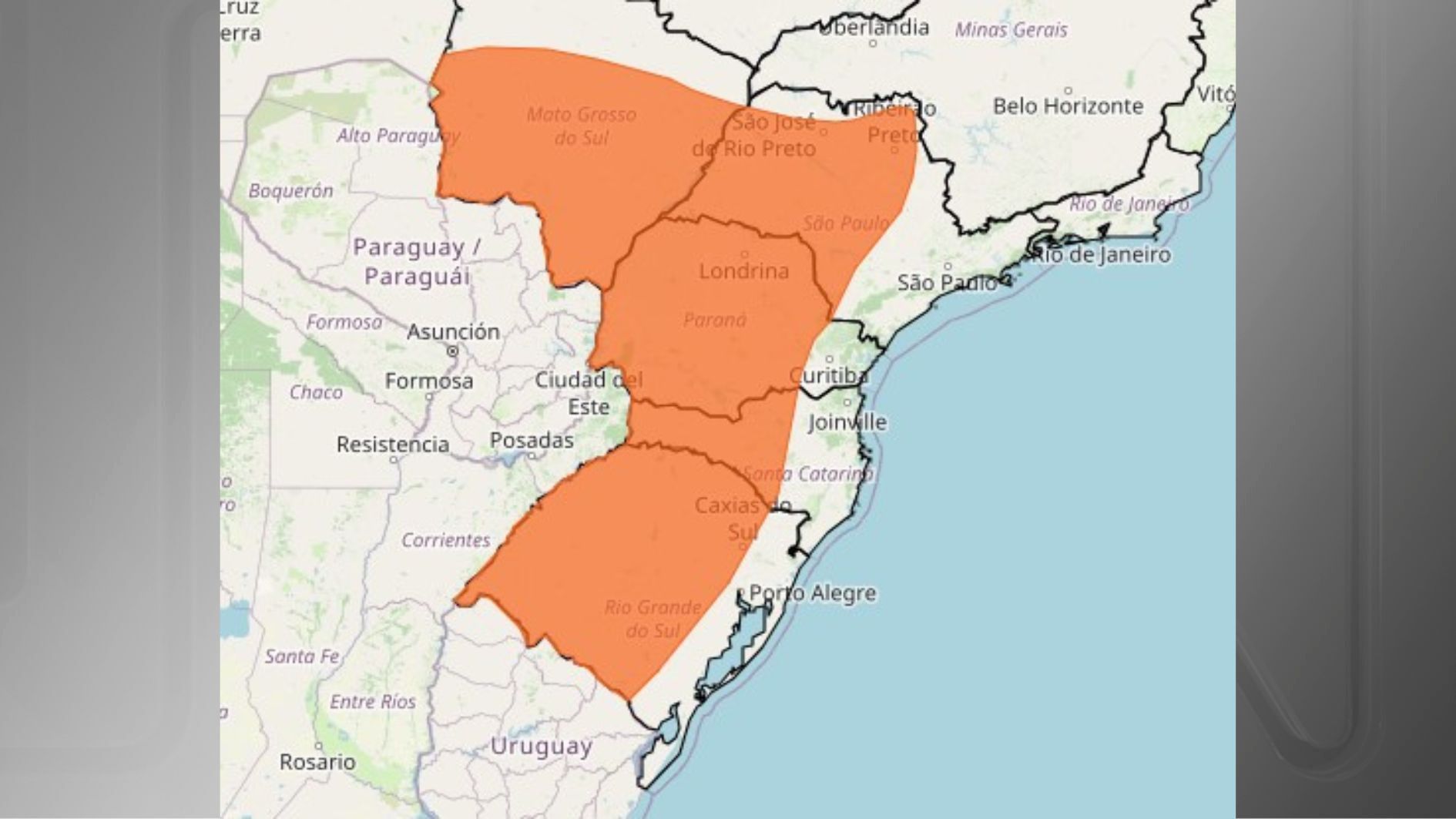 Área em laranja mostra as regiões afetadas pela onda de calor / Reprodução/Inmet