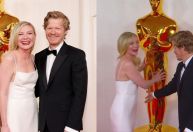 Kirsten Dunst esbarra em estatueta no tapete vermelho do Oscar