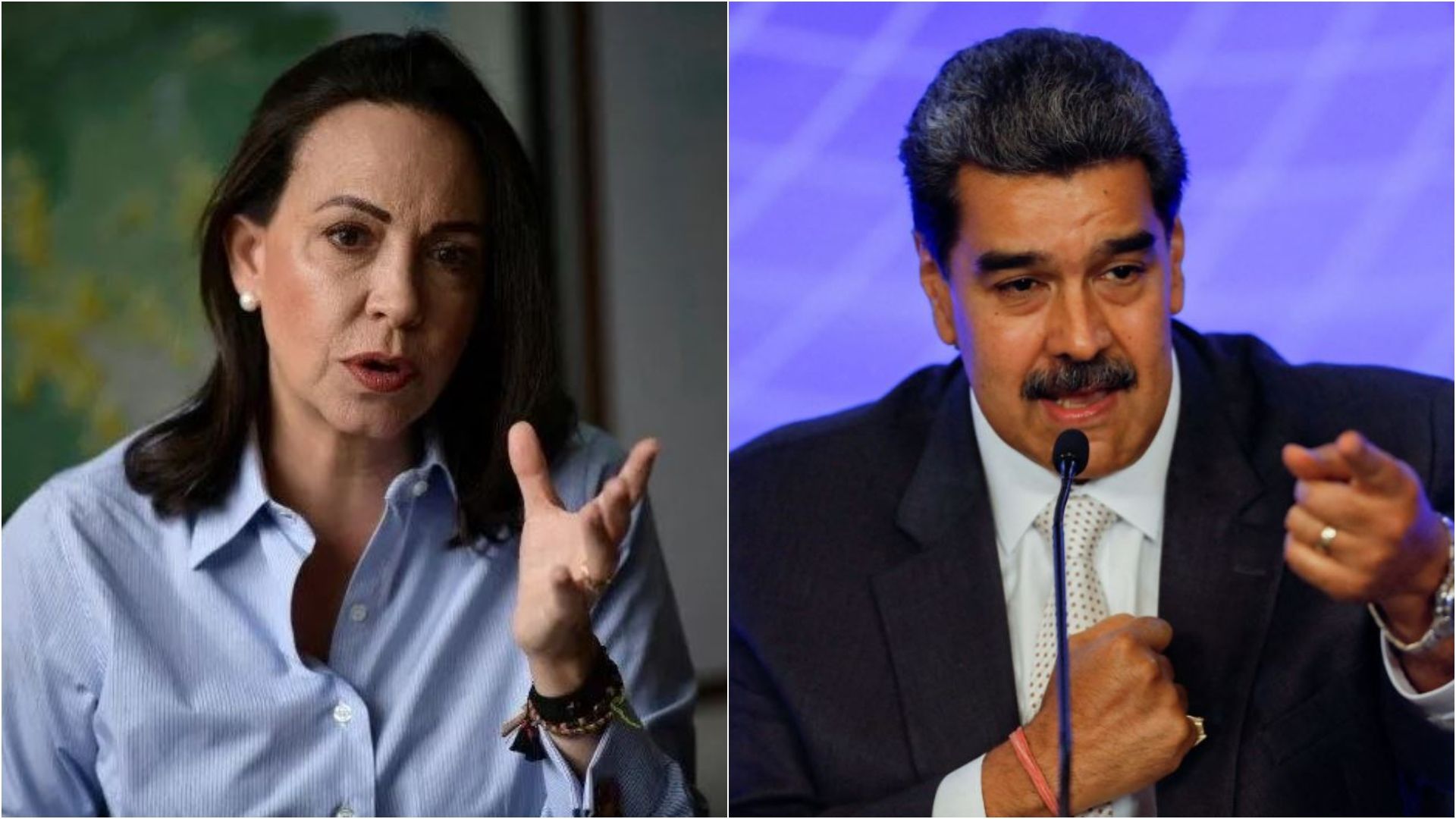Maria Corina Machado e Nicolás Maduro, presidente da Venezuela