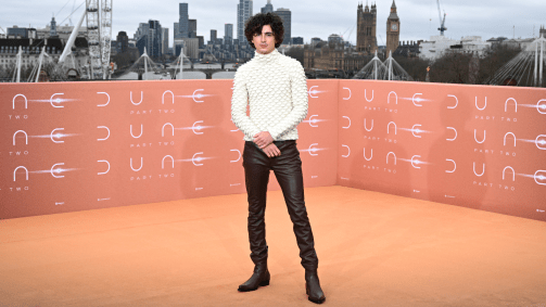 Timothée Chalamet no photocall de Londres para Duna 2, na Inglaterra em 14 de fevereiro de 2024