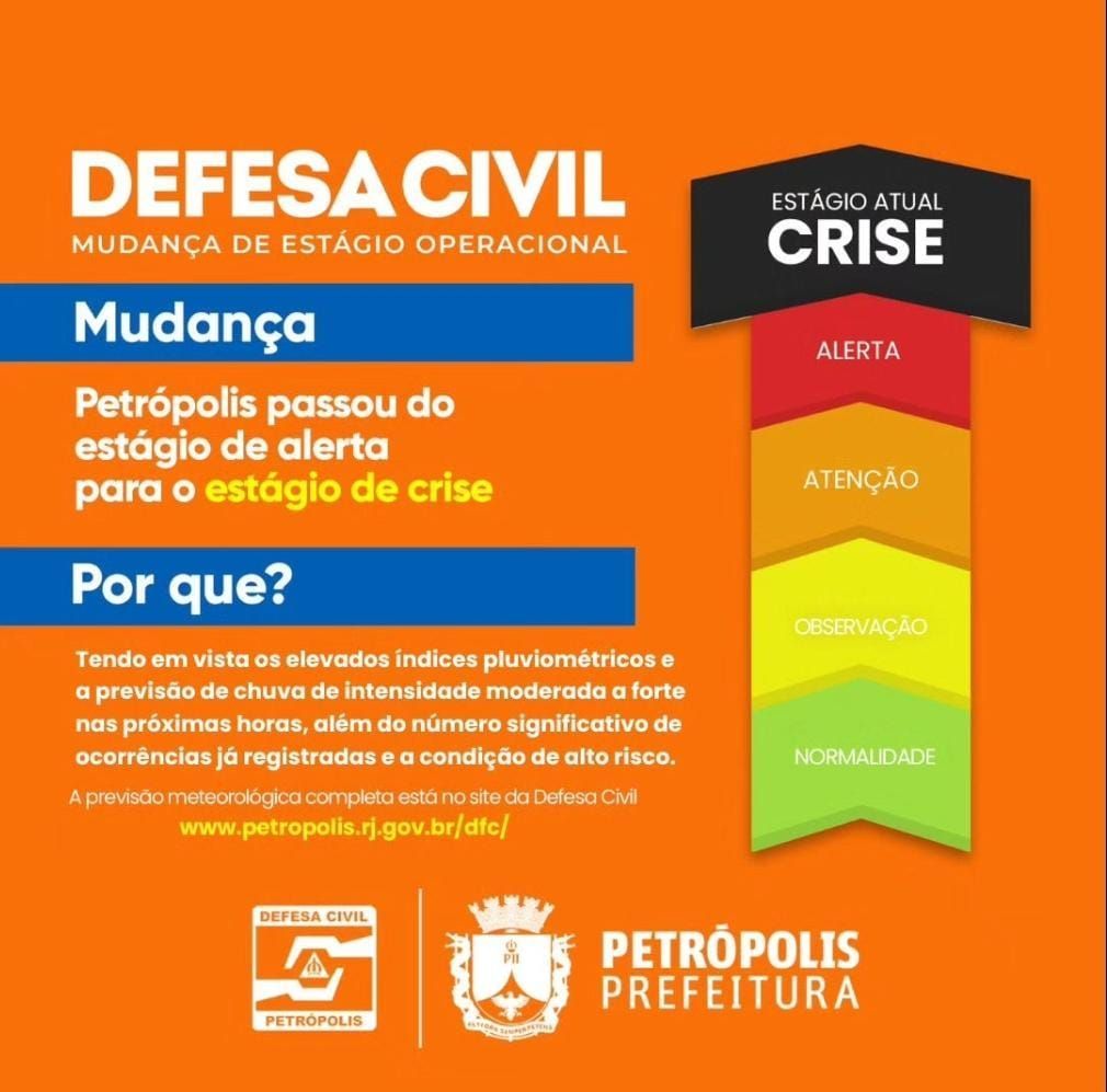 Defesa Civil municipal informou que Petrópolis saiu do estágio de alerta para o estágio de crise / Reprodução/ Redes Sociais