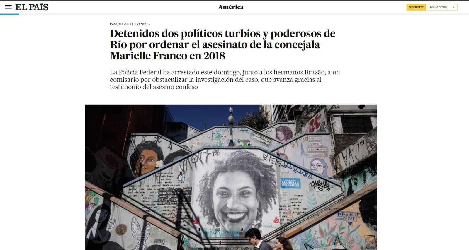 Manchete de nota do El País sobre prisões no caso Marielle; notícia foi destaque no site do veículo / Reprodução
