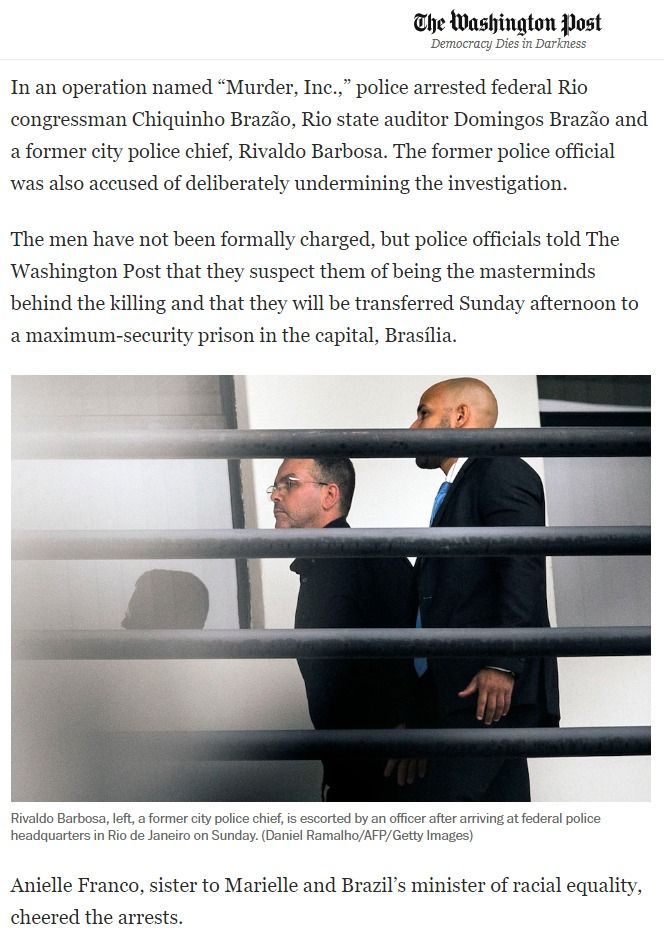 Trecho de reportagem do Washington Post sobre a prisão dos mandantes do assassinato de Marielle Franco / Reprodução