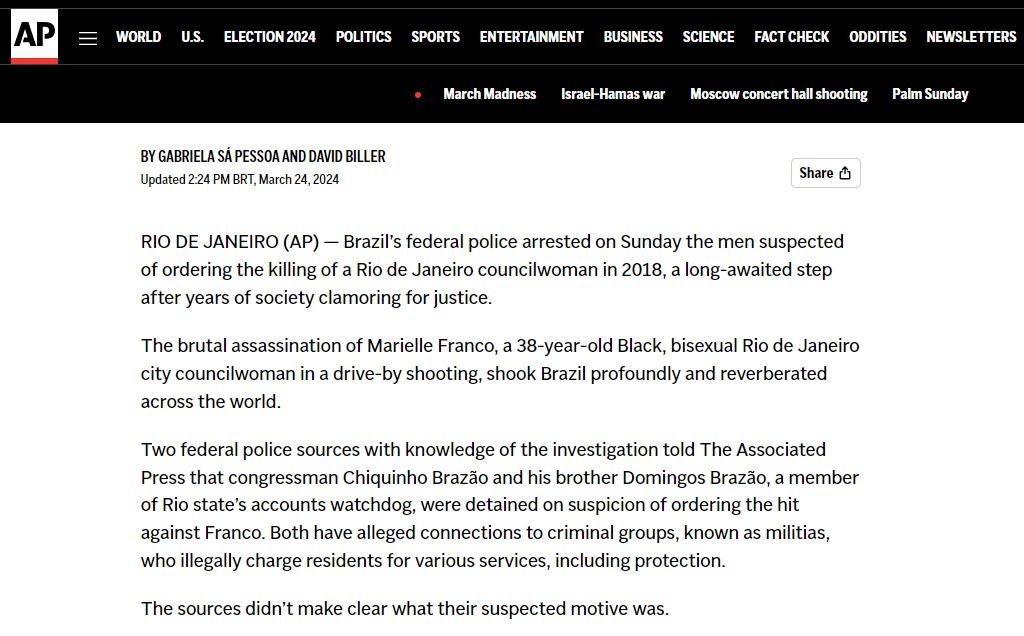 Associated Press relembra assassinato de Marielle e repercussão do caso no exterior / Reprodução