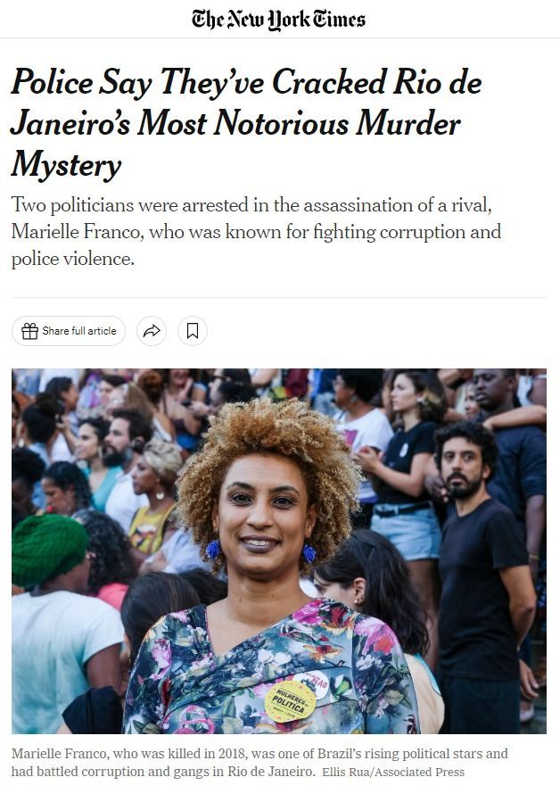Manchete do New Yor Times sobre a prisão de envolvidos no assassinato de Marielle Franco / Reprodução