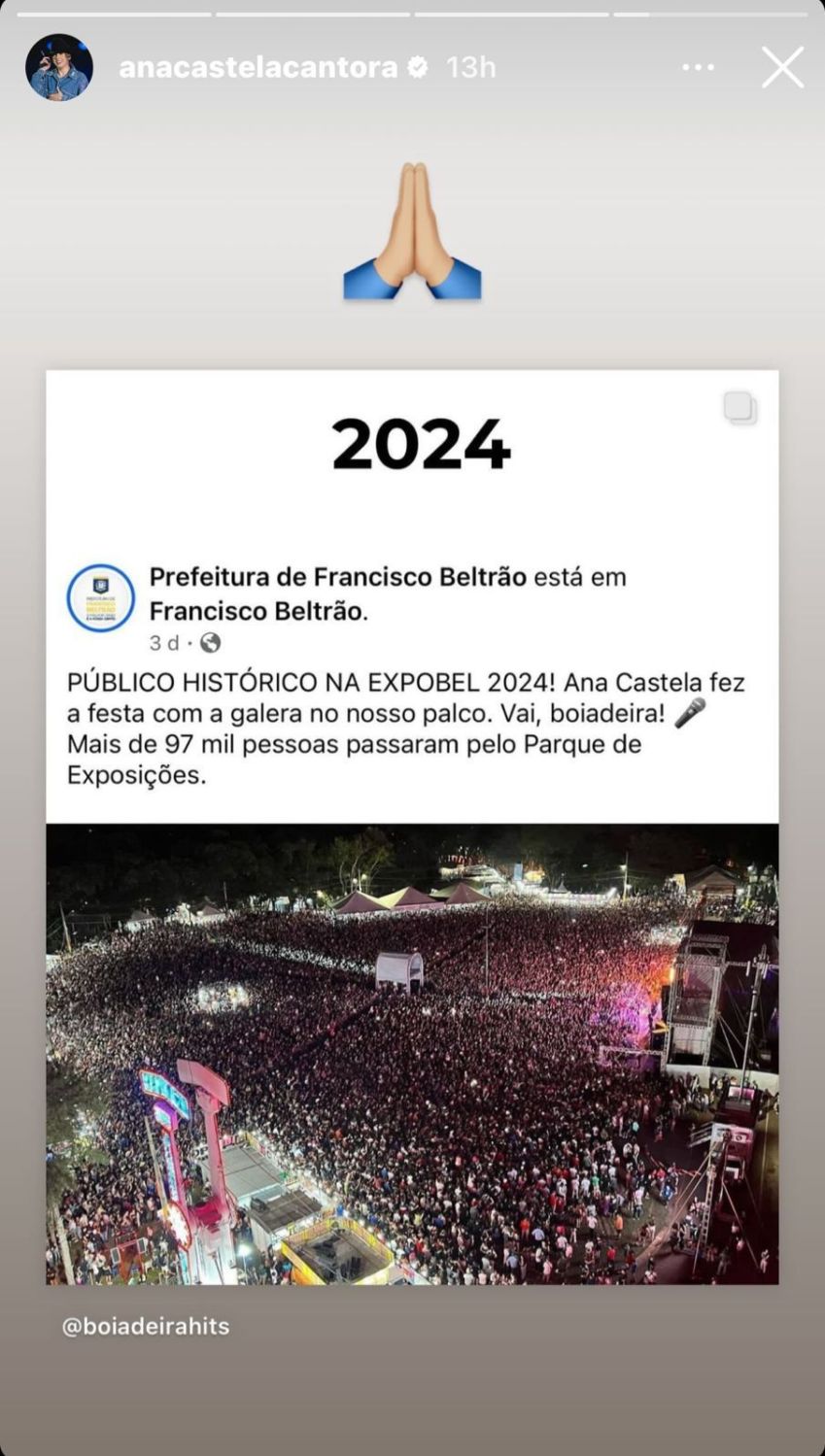 Em 2024, evento no qual a Boiadeira se apresentou contou com 97 mil pessoas / Reprodução/Instagram