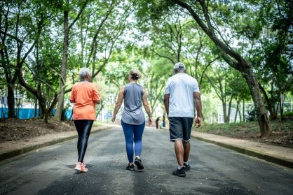 Três idosos caminhando em parque