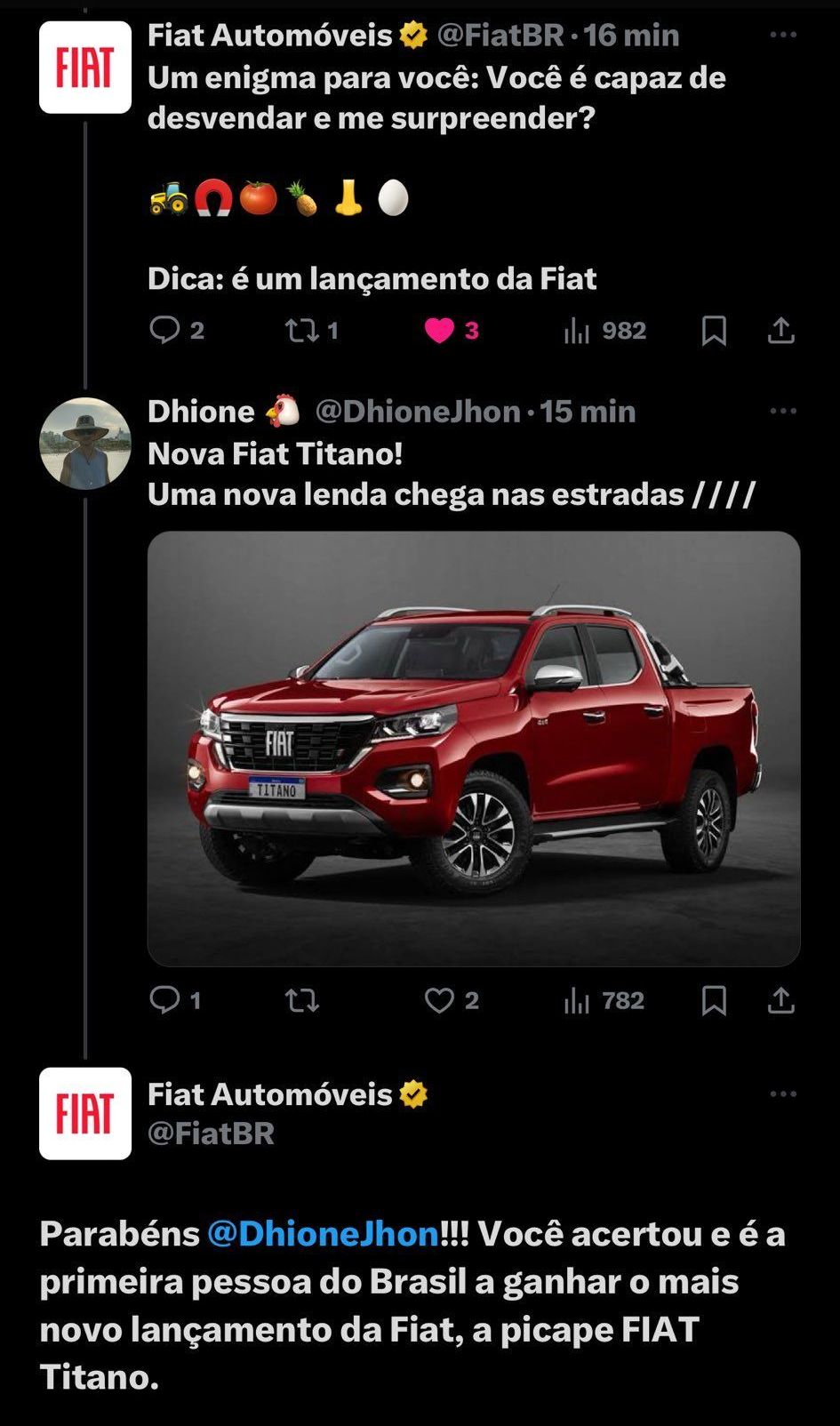 Dhione Matos foi o primeiro a desvendar o enigma da Fiat e ganhou a nova Titano como prêmio / Reprodução/X
