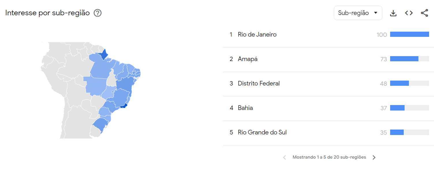 Estado do Rio de Janeiro lidera o interesse de buscas por "Um defeito de cor", de Ana Maria Gonçalves, em fevereiro de 2024 / Reprodução/Google Trends