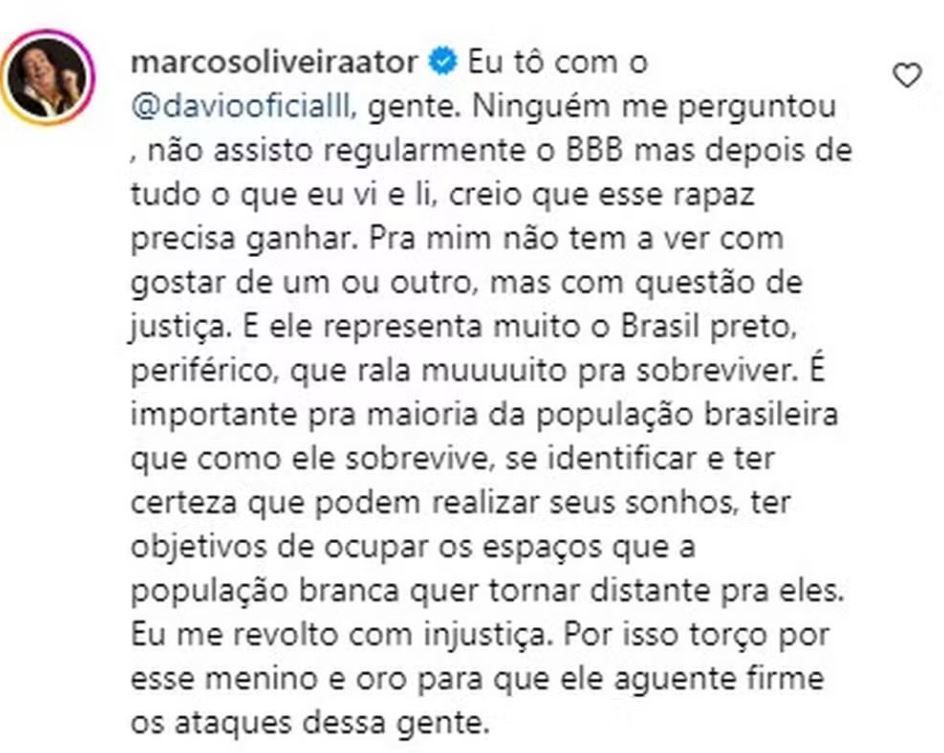 Marcos Oliveira fala sobre apoio a Davi no BBB24 / Reprodução/Marcos Oliveira/Instagram