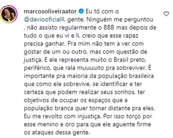 Marcos Oliveira fala sobre apoio a Davi no BBB24 / Reprodução/Marcos Oliveira/Instagram