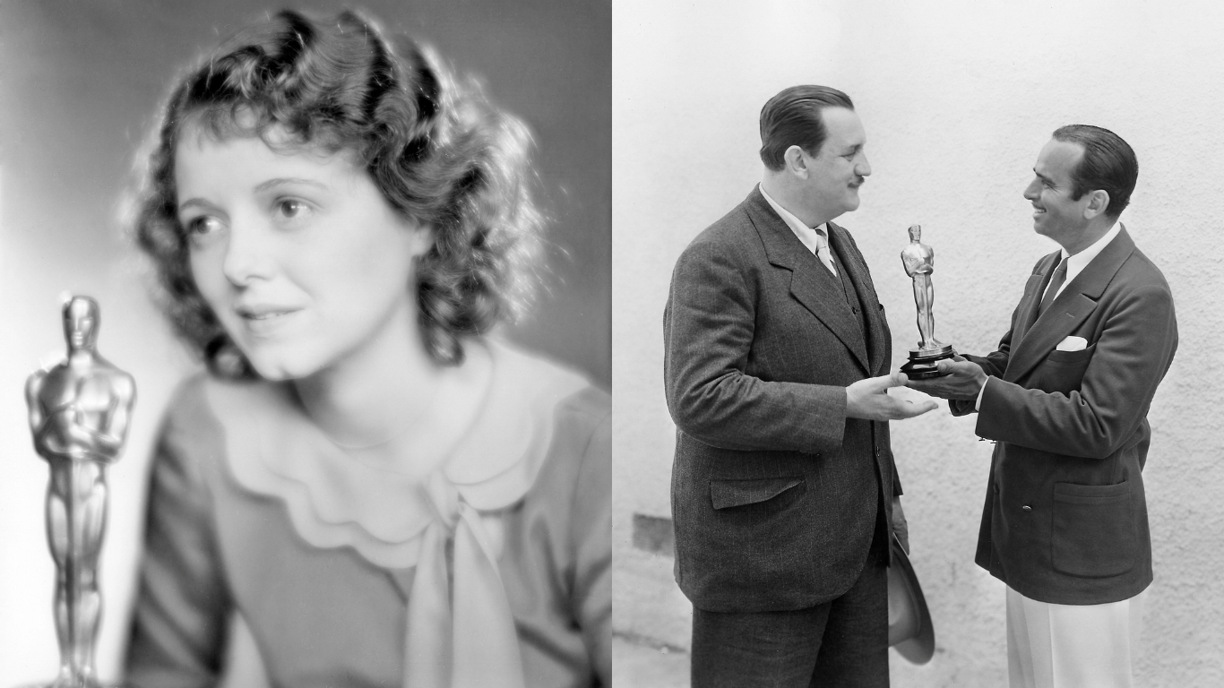 Na primeira foto, Janet Gaynor, primeira a ganhar o Oscar de Melhor Atriz. Já na segunda, Joseph Farnham levou a estatueta de Melhor Entretitulagem. • Foto 1 e 2: Reprodução/The Academy