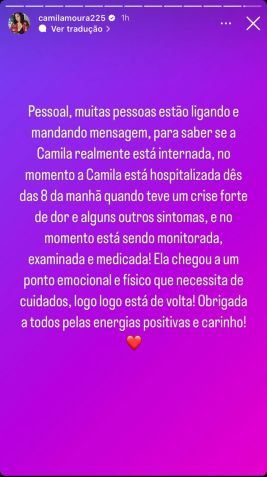 Camila Moura, esposa de Lucas Henrique do BBB24, está hospitalizada / Reprodução/Instagram