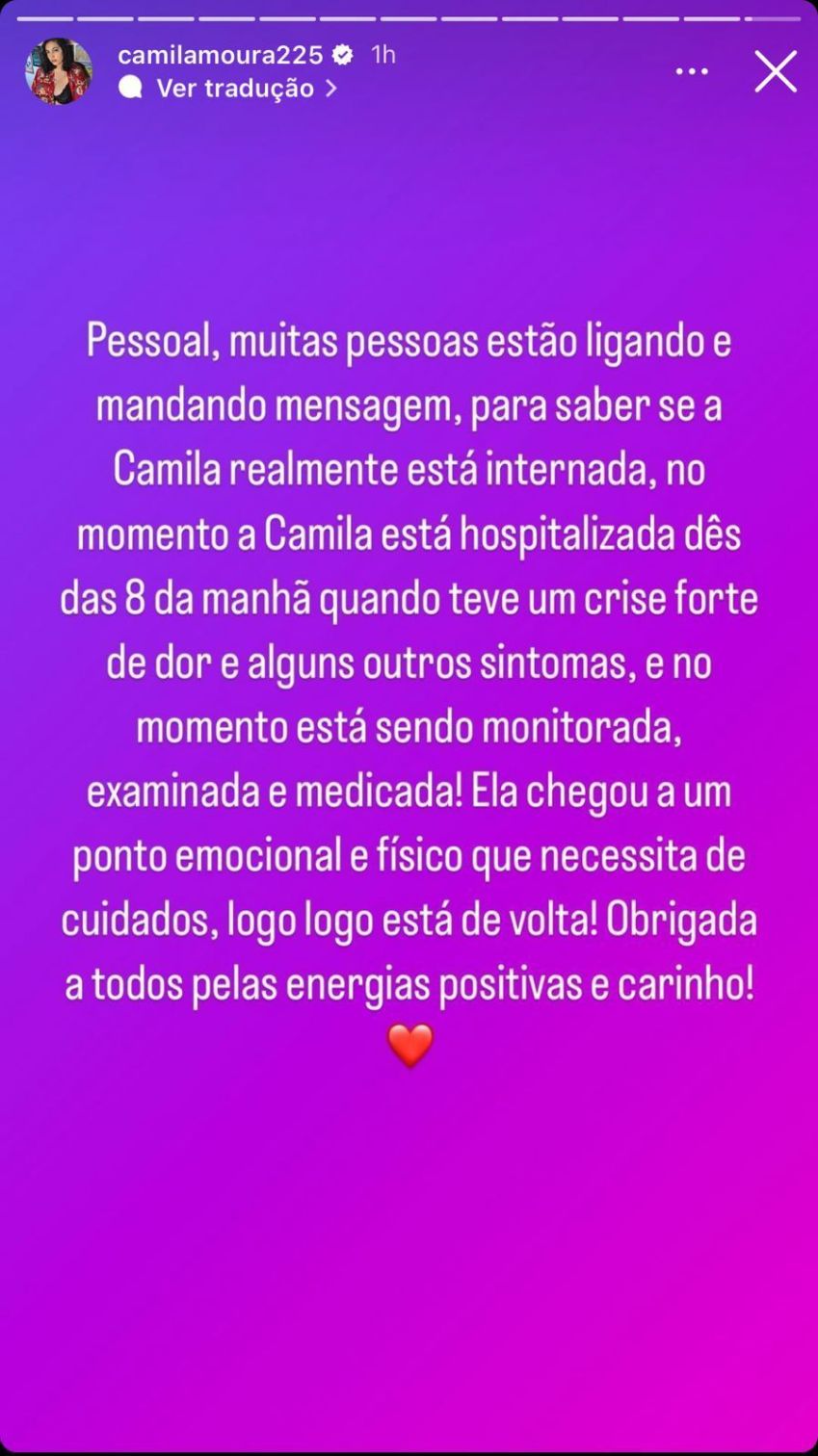 Camila Moura, esposa de Lucas Henrique do BBB24, está hospitalizada / Reprodução/Instagram