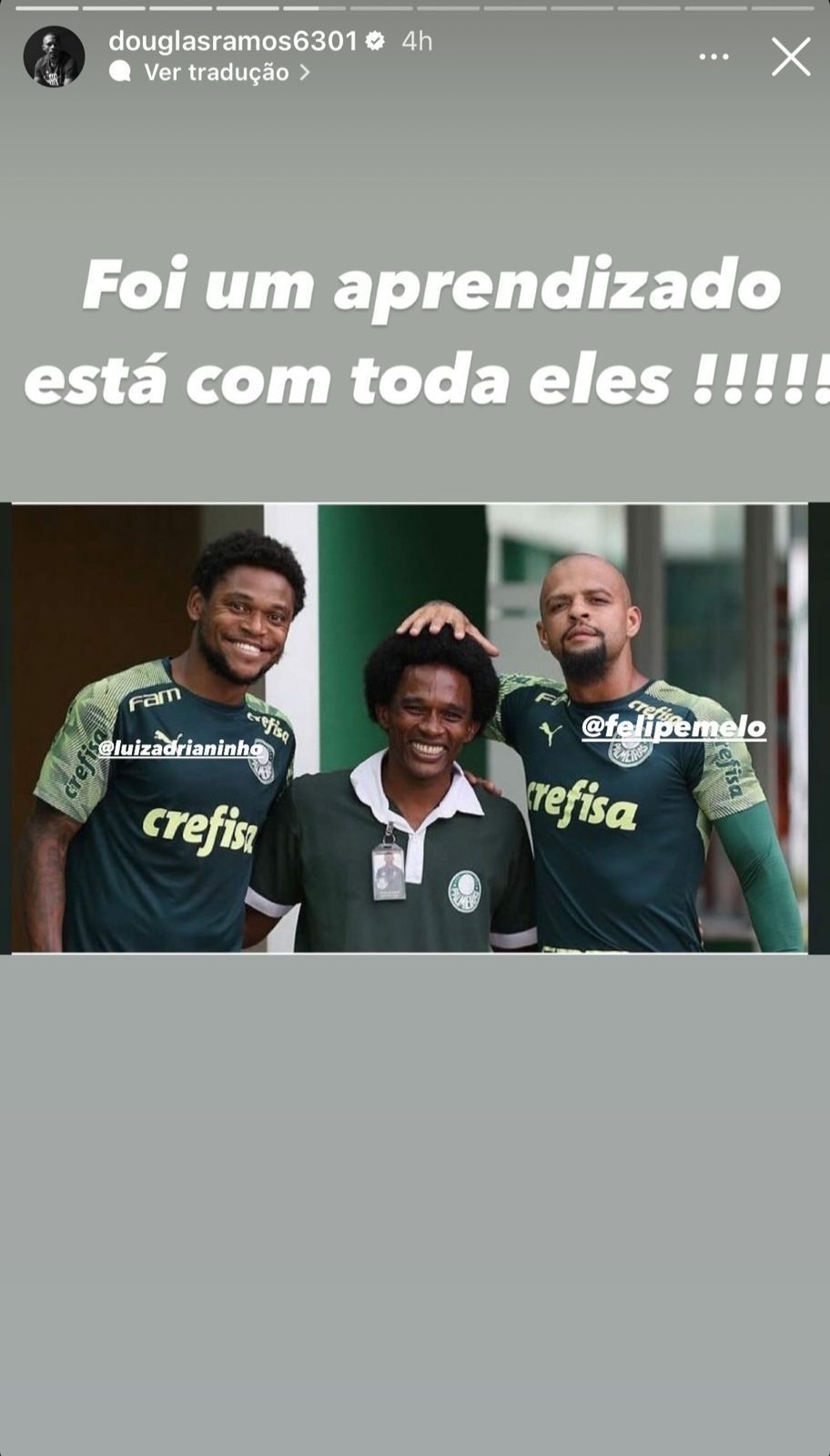 Pai de Endrick ao lado de Luiz Adriano e Felipe Melo quando trabalhava no CT do Palmeiras / Reprodução/Instagram Douglas Ramos