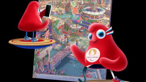 Pôster dos Jogos Olímpicos Paralímpicos de Paris 2024 com os mascotes