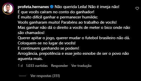 Hernanes criticou a postura do Palmeiras / Reprodução/Instagram