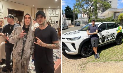 Ex-BBB Rafinha conhece baterista Travis Barker, do Blink-182