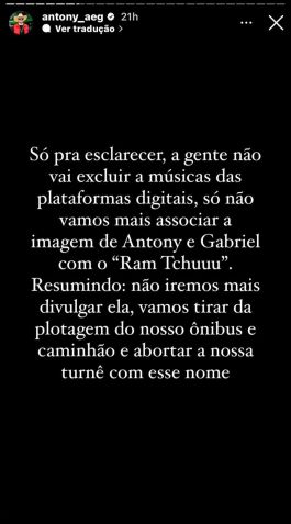 Antony e Gabriel decidiram desvincular imagem de faixa "Ram Tchuuu" após lançamento de Ana Castela / Reprodução/Instagram