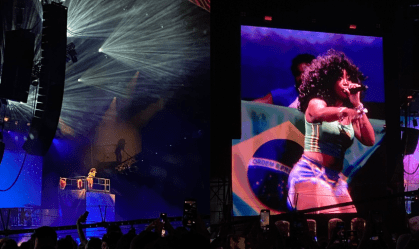 Montagem com cantora em cima de plataforma no show e vista do telão com bandeira do Brasil ao fundo
