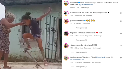 Tony Hawk compartilha vídeo de skatista brasileira no Instagram