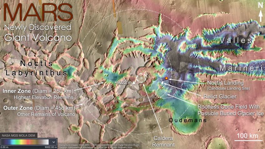 Mapa topográfico do novo vulcão descoberto / NASA Mars Reconnaissance Orbiter (MRO) Context Camera (CTX) mosaic and Mars Global Surveyor (MGS) Mars Orbiter Laser Altimeter (MOLA) digital elevation model