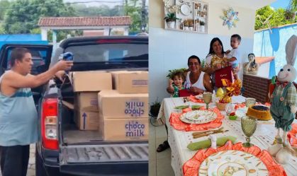 Zeca Pagodinho distribui ovos de Páscoa em Xerém, no Rio de Janeiro