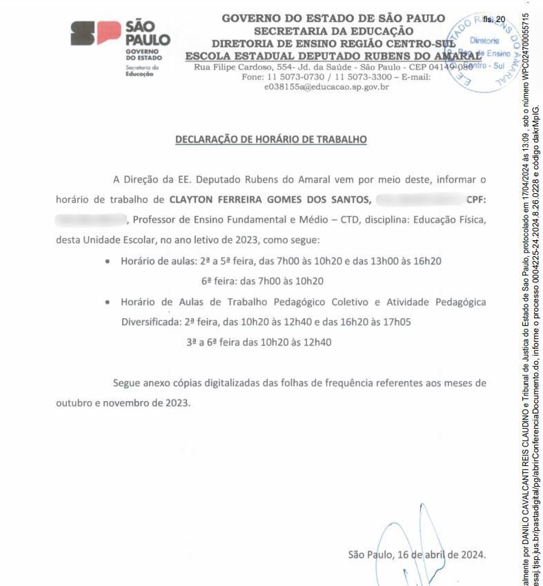Documento da escala com carga horária e registro de ponto do professor / Reprodução