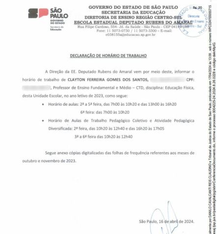 Documento da escala com carga horária e registro de ponto do professor / Reprodução