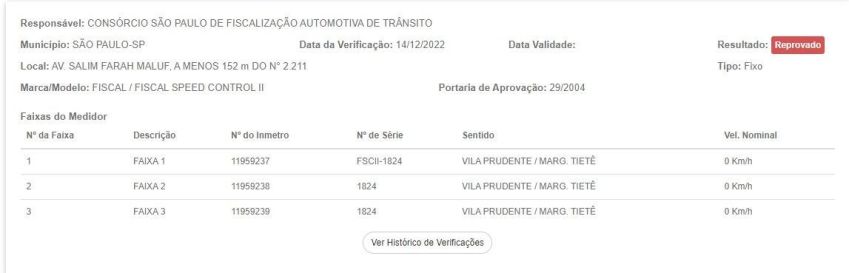 Sistema do Inmetro mostra que o radar na Avenida Salim Farah Maluf foi reprovado / Reprodução