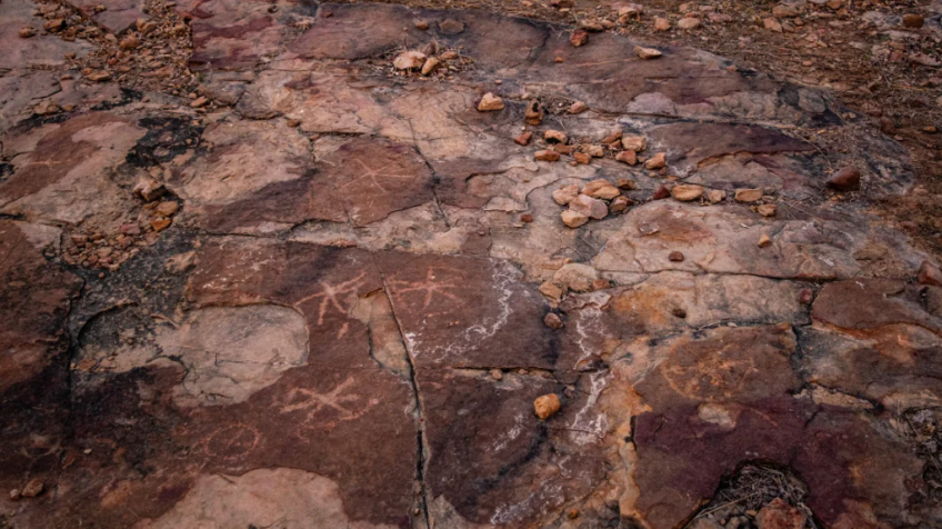 Chamadas de petróglifos, essas esculturas têm formato de estrelas ou círculos com divisões internas em um afloramento rochoso onde são encontradas pegadas de dinossauros saurópodes no sítio Serrote do Letreiro, na Paraíba / Leonardo Troiano