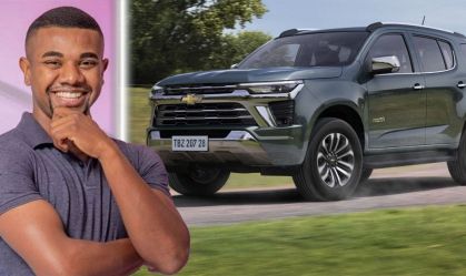 Arte com a foto do campeão do BBB24, Davi, e a Chevrolet Trailblazer 2025