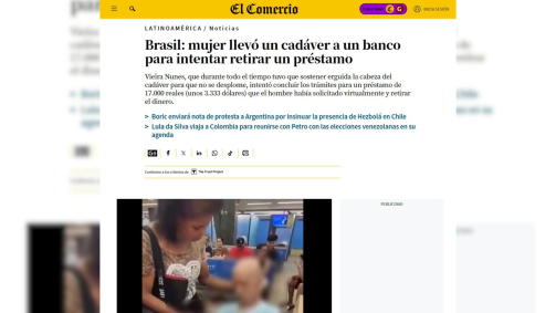 El Comércio repercute caso de mulher que levou morto a banco no Rio de Janeiro