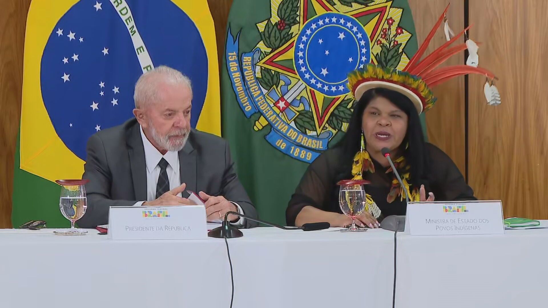 O presidente Lula e a ministra dos Povos Indígenas, Sonia Guajajara, em reunião no Planalto