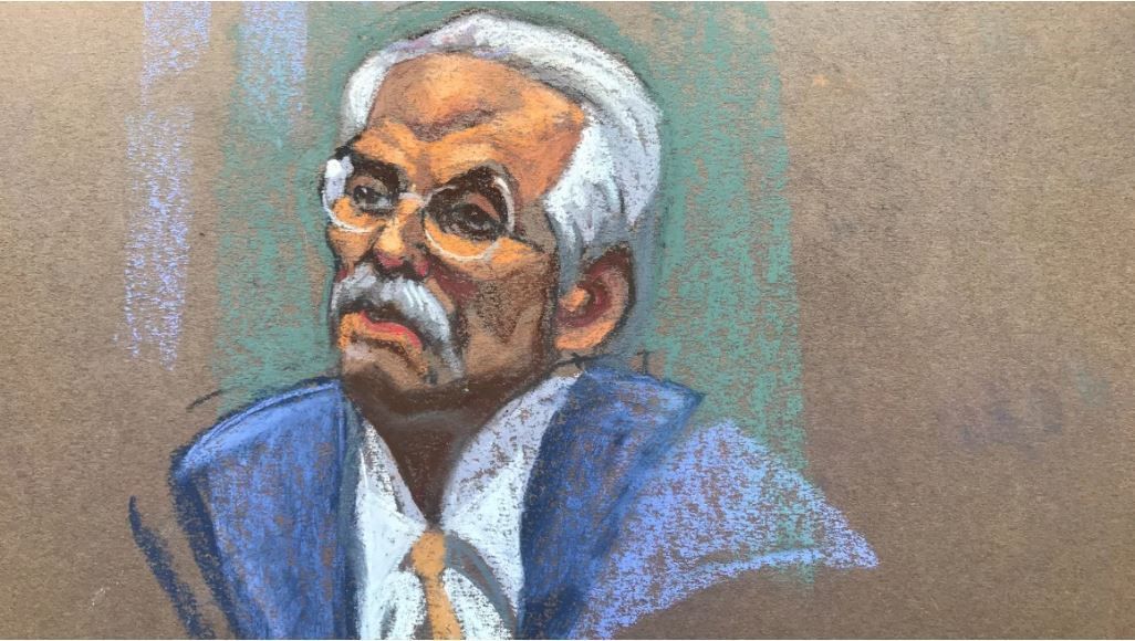 Esboço de David Pecker, ex-presidente do National Enquirer, durante testemunho no julgamento de Trump