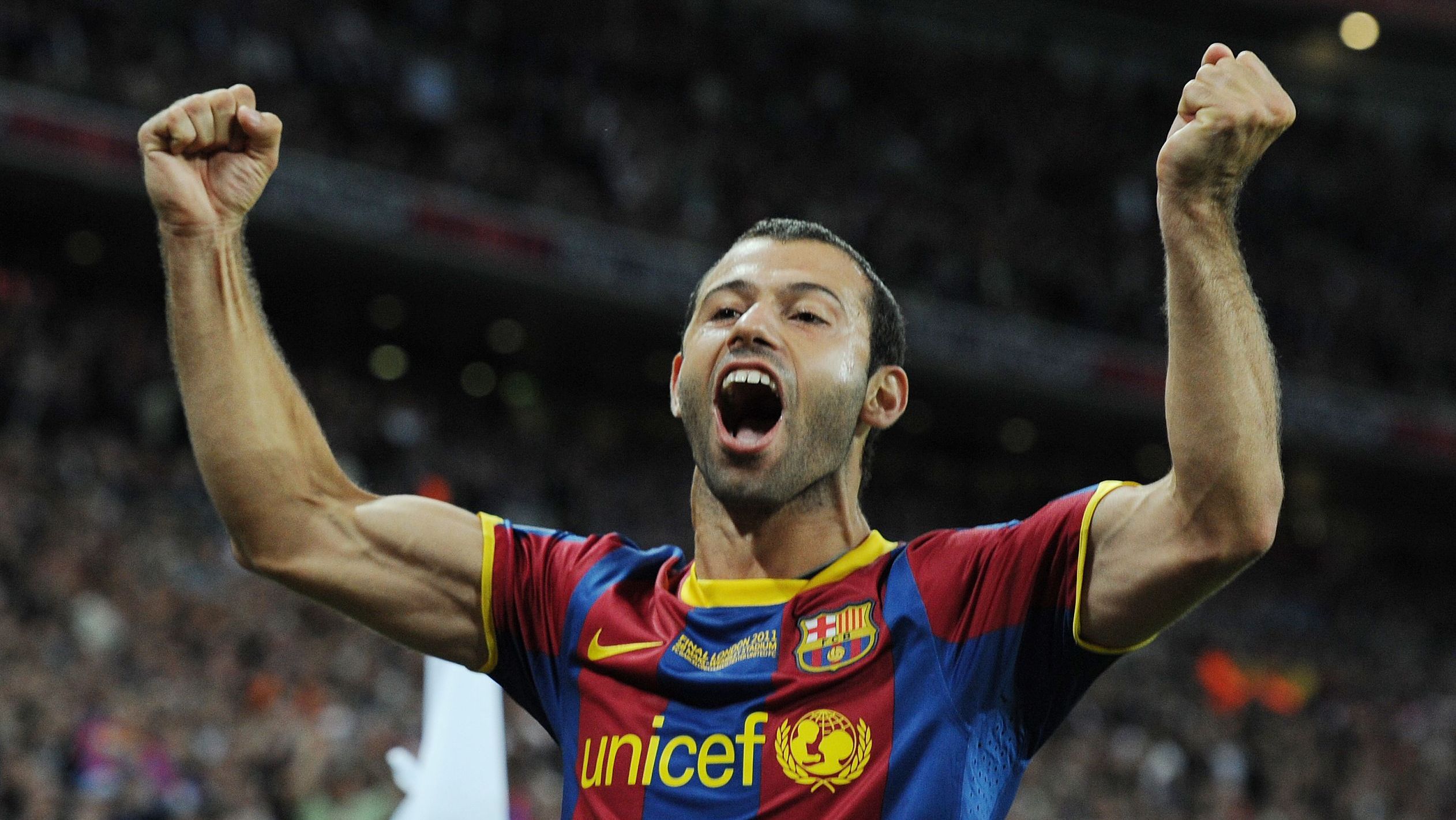 Javier Mascherano comemora gol de David Villa na final da Champions League de 2010/2011