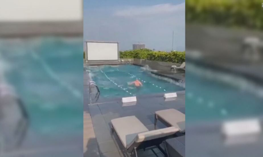 Homem em piscina durante terremoto em Taiwan