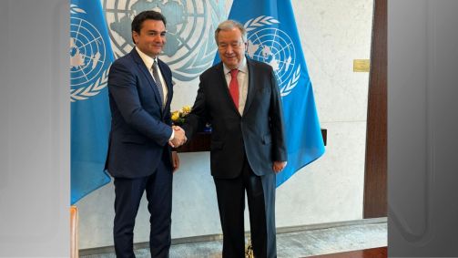 Ministro Celso Sabino (à esq.) durante encontro com António Guterres, secretário-geral da ONU
