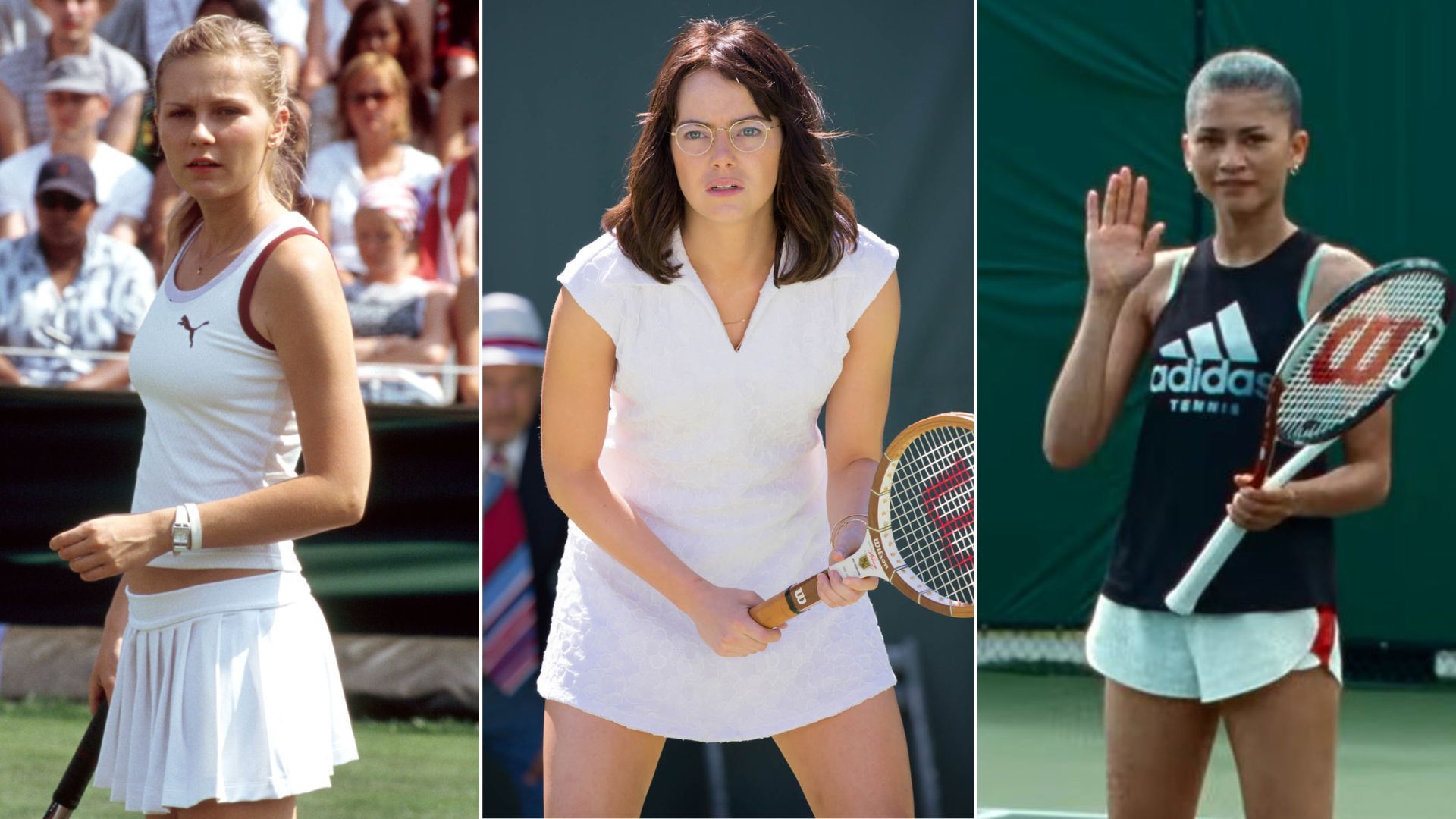 Kirsten Dunst em "Wimbledon - O Jogo do Amor" (2004); Emma Stone em "A Guerra dos Sexos" (2016); e Zendaya em "Rivais" (Montagem CNN/Divulgação)